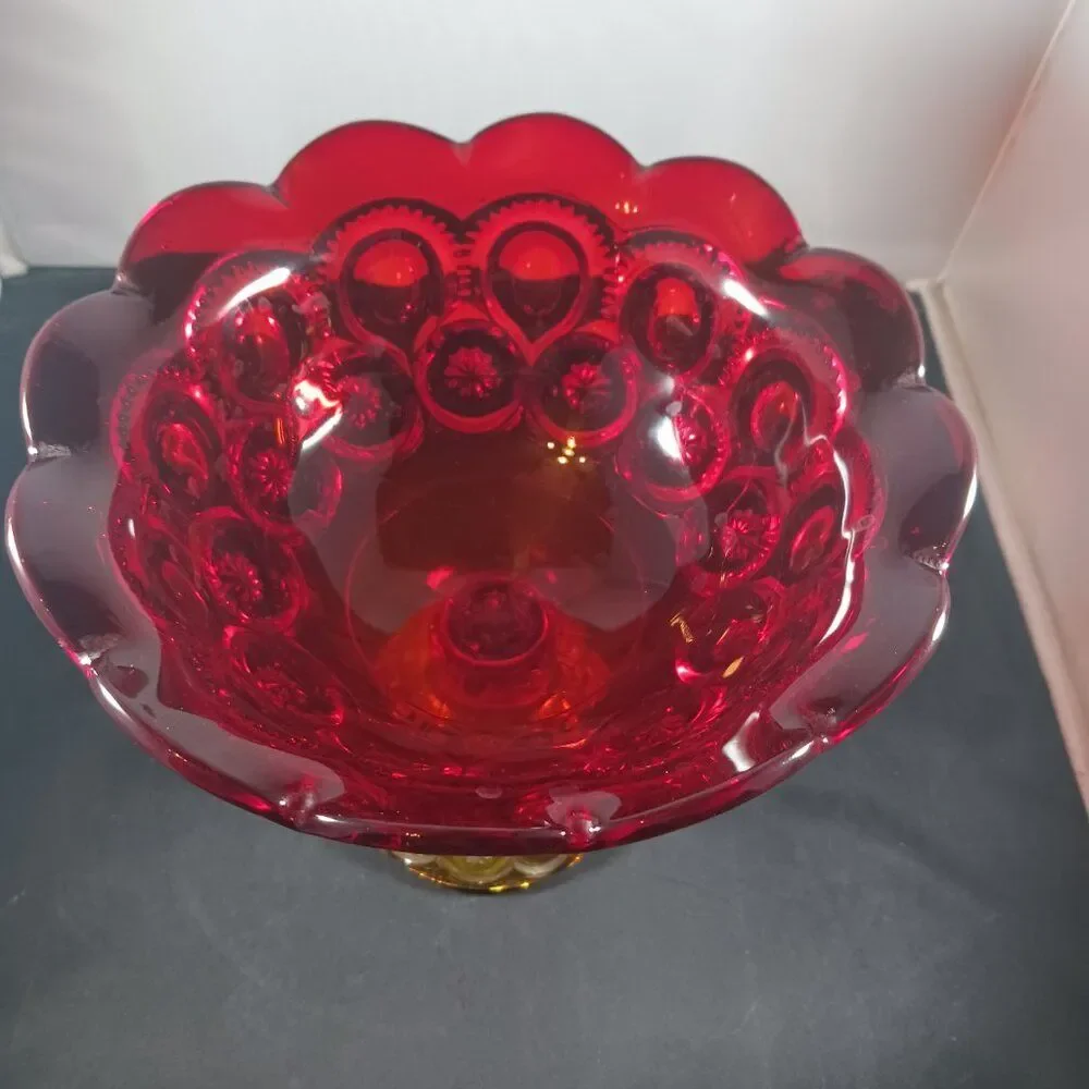 LE Smith Moon & Stars Red Orange Glass Pedestal Footed Compote Candy Dish Bowl